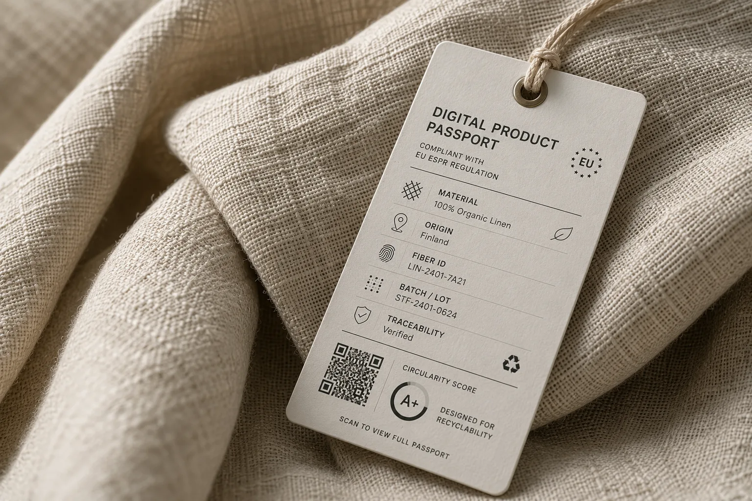 A printed Digital Product Passport hang-tag resting on folded organic linen.
