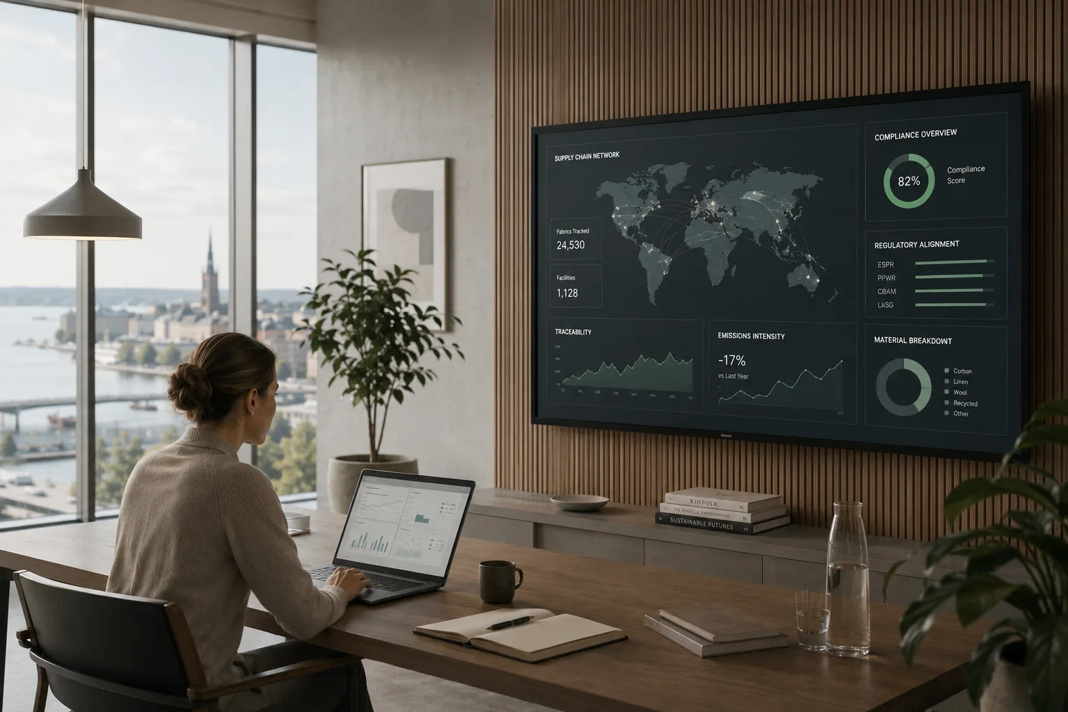 An enterprise dashboard on a wall display showing supply-chain network, compliance score, regulatory alignment and material breakdown.