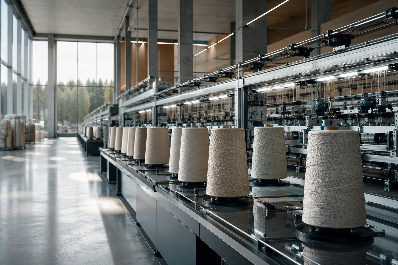 A bright Scandinavian textile mill with automated yarn lines and forest views.