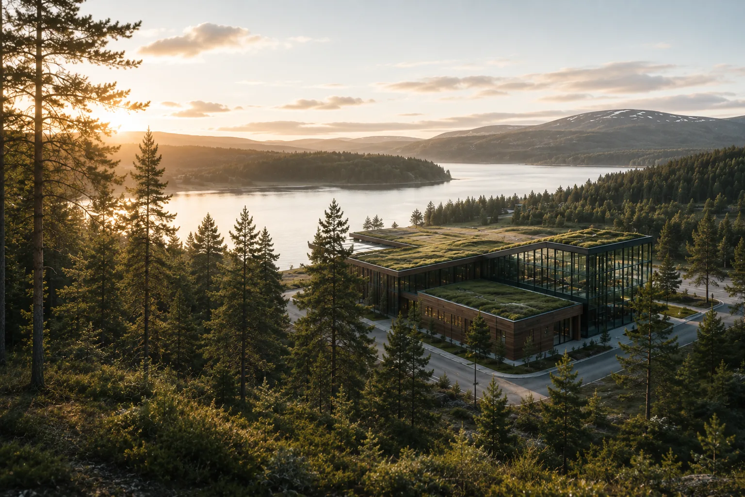 A timber-and-glass headquarters with living green roofs set among Finnish pine forest beside a lake at sunset.